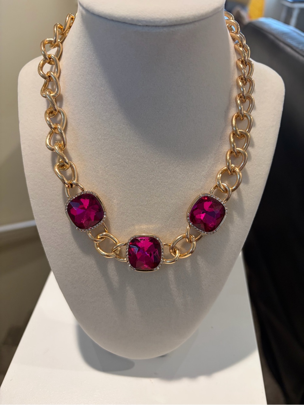Vibrant gold and pinkish/purple stone necklace